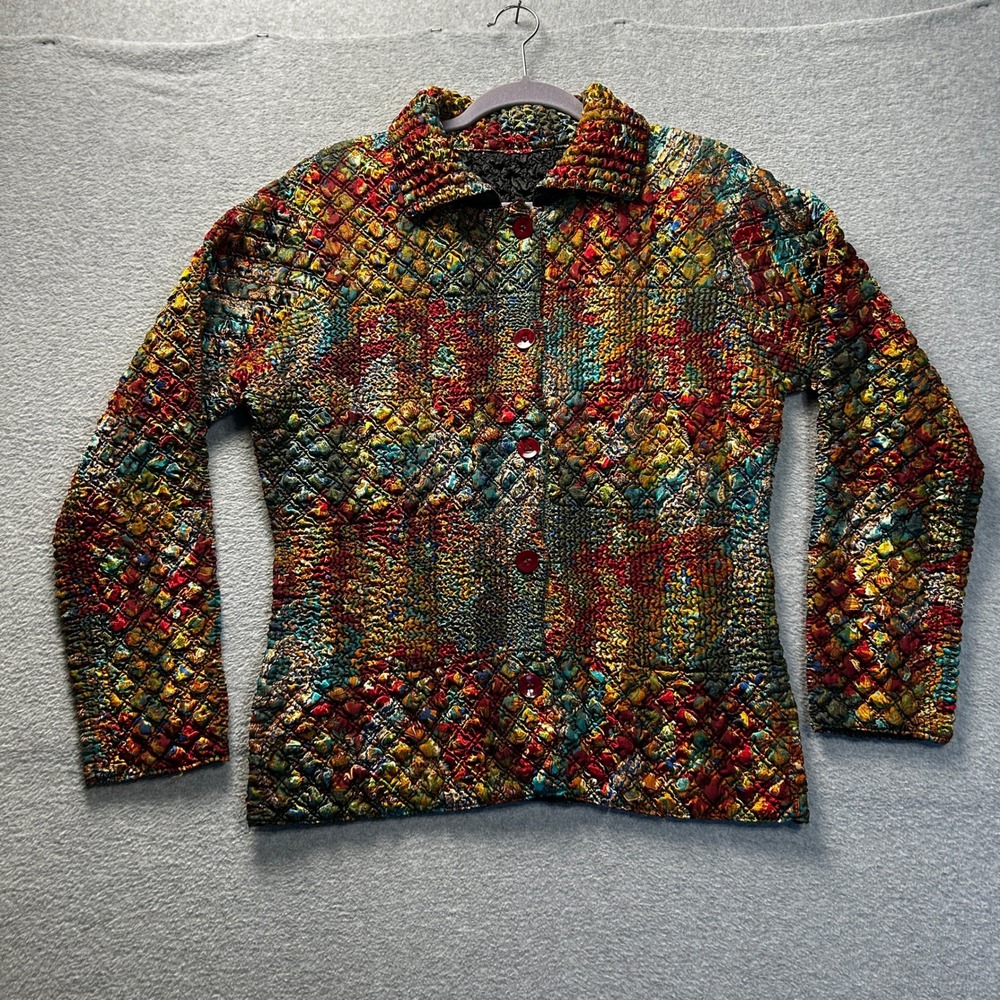 Lagenlook Button Front Womens Popcorn Texture Patchwork Knit Jacket Artsy Boho